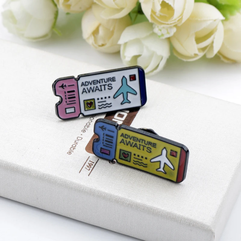 

Art Air ticket Adventure Awaits Travel Enamel Brooches Lapel Pins Bag Clothes Badges For Women/Men Friends