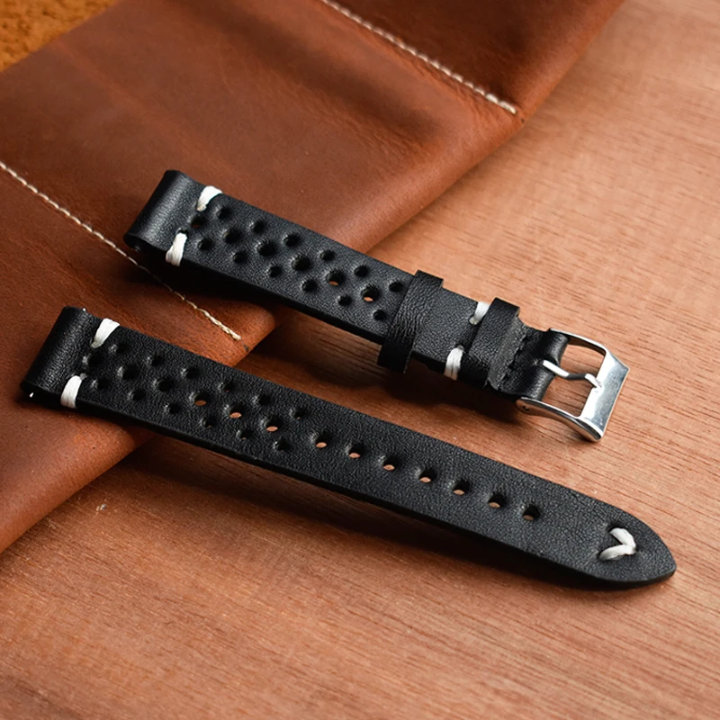 Genuine Leather Watch Strap Porous Breathable Watchband 18mm 20mm 22mm 24mm Handmade Stitching Watch Bracelets Replacement