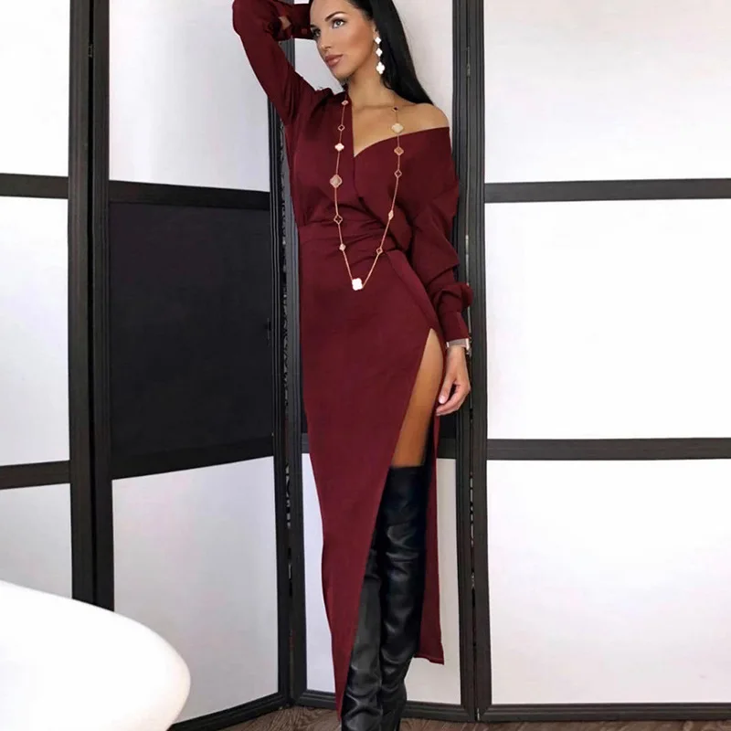 

A-Line Chiffon Bohemian Wedding Dress 2021 Long Sleeve Sexy V-Neck Side Slit Floor Length Pleats Vestido De Novia Bridal Gowns