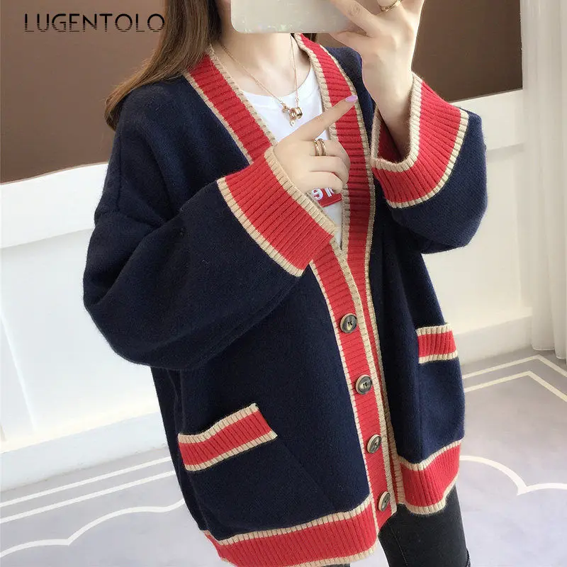

Lugentolo Women Sweater Fashion Lazy Wind Sweater Spring Loose Student Wild Long-sleeved V-neck Slim Pocket Knit Cardigan Coat