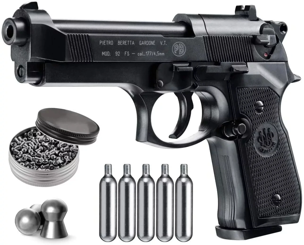 

Beretta M92Fs Blowback Air Gun Metal Tin Sign 5X12 Co2 Tanks and Pack of 500 Ct Lead Pellets Bundle Plaque