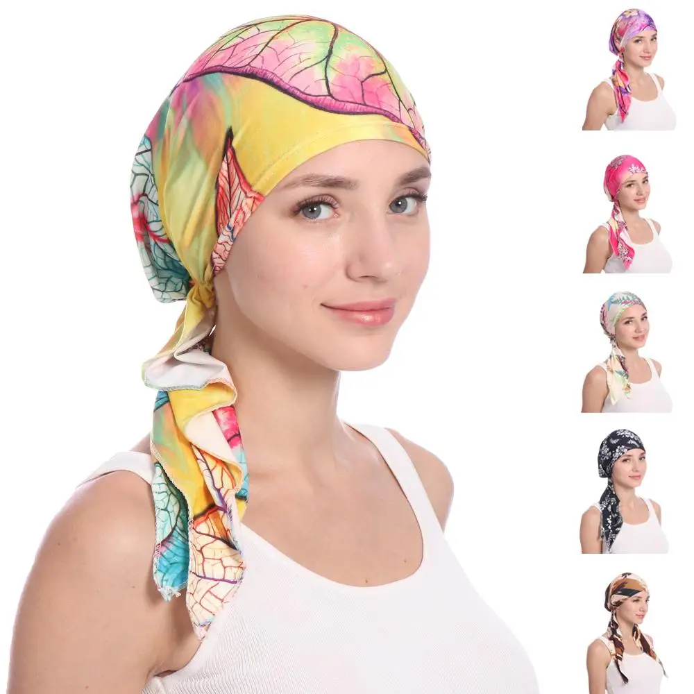 Muslim Women Hijab Cancer Chemo Hat Cap Hair Loss Headscarf Turban Wrap Arab Long Tail Islam Printed Elastic Hijabs Accessories |