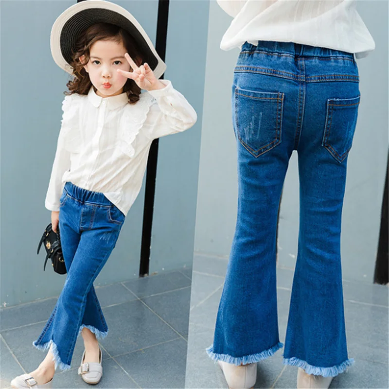 

Джинсы для девочек, узкие Детские расклешенные брюки в Корейском стиле, новинка 2021, весенне-осенние детские брюки, тонкие брюки