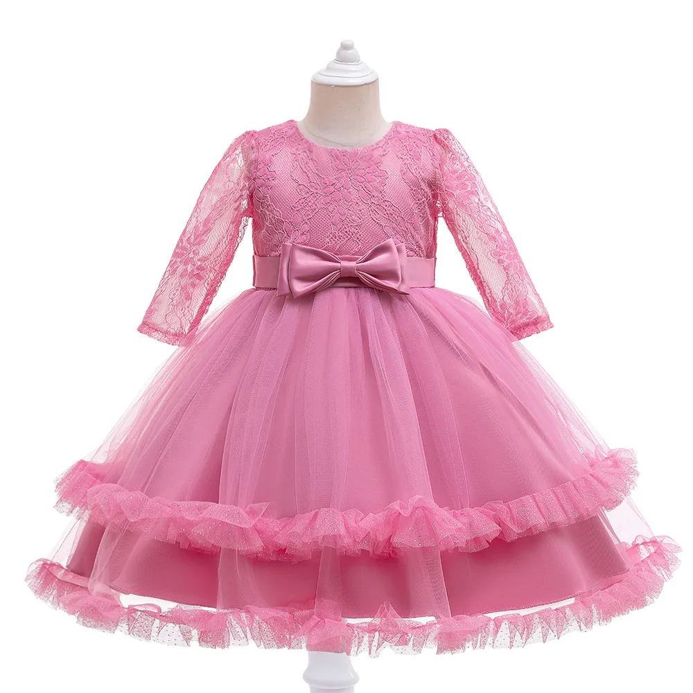 

Кружевное бальное платье с длинным рукавом, платье принцессы с цветочным принтом для девочек, детское праздничное Пышное розовое платье дл...