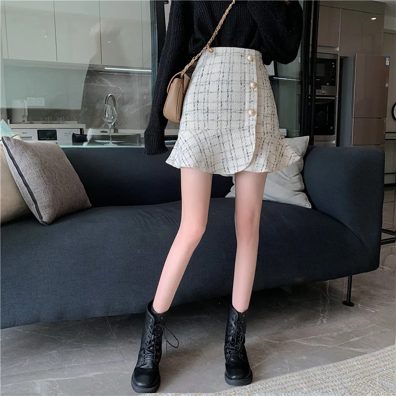 

Skirts Women Korean Chic Autumn New Black Mermaid High Waist Ruffles Skirts Slim Winter Vintage Fashion Mujer Faldas Mini Wild