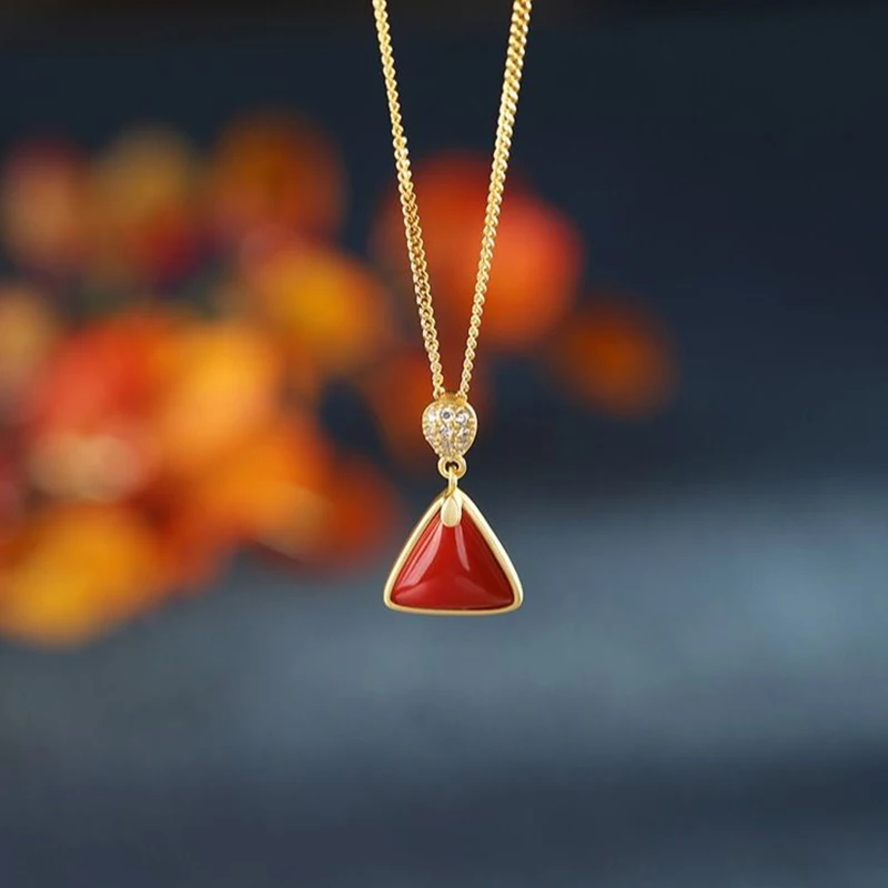 

Natural South Red chalcedony geometric triangle Pendant Necklace Chinese style retro palace minority design women's jewelry