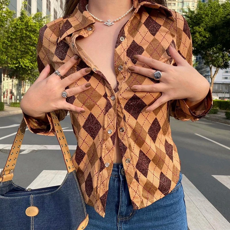 

Rapwriter y2k Argyle Brown Blouse Vintage Plaid Patchwork Shirt Single Breasted Brown Cardigan Women Casual Streetwear Trendy