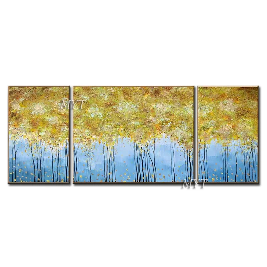 

No Framed Hand Painted 100% 3 Panels Gold Tree Art Modern Oil Painting On Canvas Gold Paintings Wall Art Modern Newest Home Dec