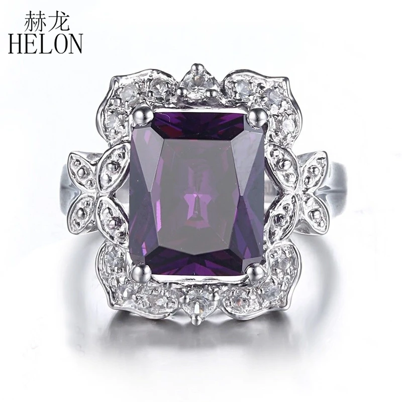 

HELON Solid 14K White Gold Flawless 12X9mm Cushion 6.42ct Amethyst Pave White Sapphire Engagement Wedding Jewelry Luxury Ring
