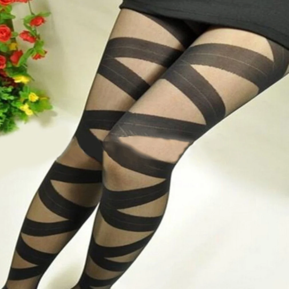 

Women Sexy Skinny Stockings Breathable Vertical Stripe Transparent Fashion Cross Bandage Pantyhose Stockings