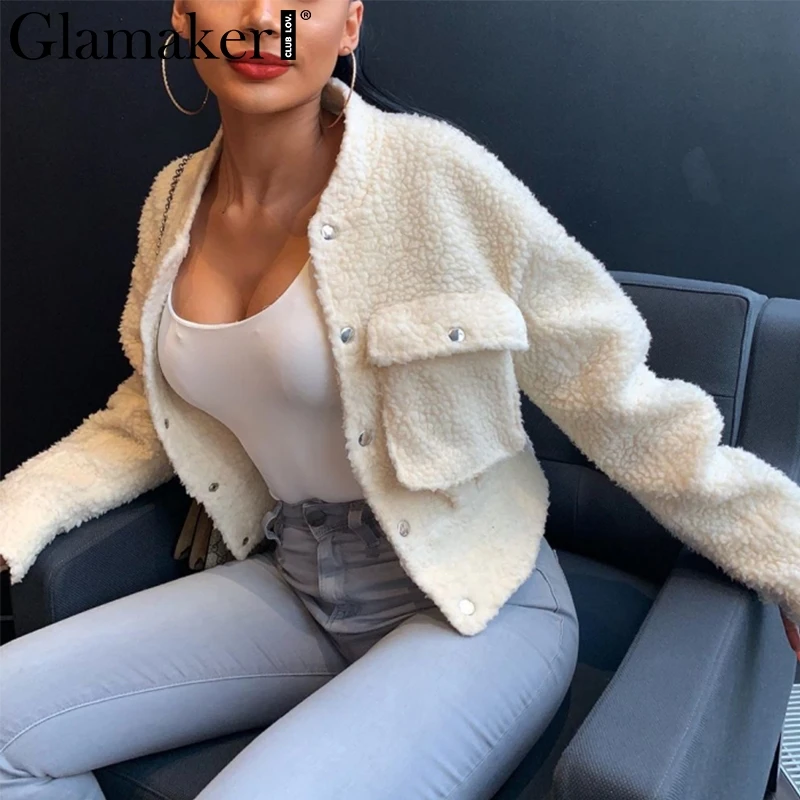 Glamaker, теплое пальто из искусственного меха, меховая верхняя одежда для женщин, сексуальный белый карман, женское плюшевое пальто, осенняя короткая куртка из искусственного меха, зимнее пальто