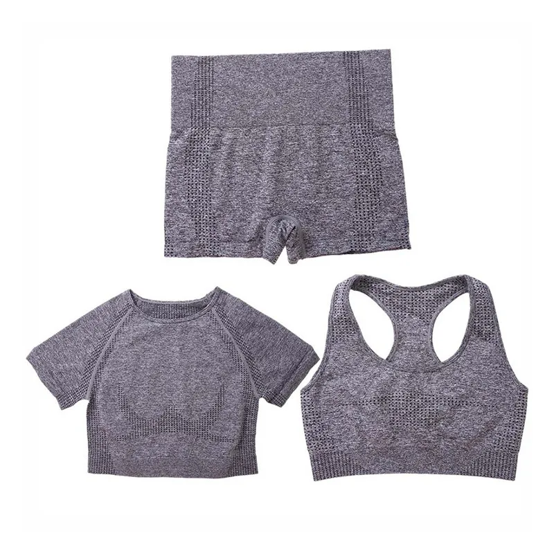 

Seamless Jacquard Yoga Sets 3 Pieces Women Workout Outfit Gym Clothing Short Sleeve Vest Suits Running Sport Fitness Tracksuits