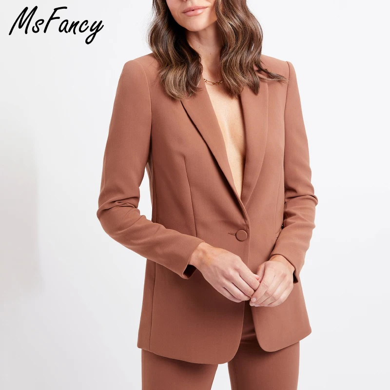 Msfancy коричневый пиджак комплект для женщин 2021 однобортный костюм с высокой