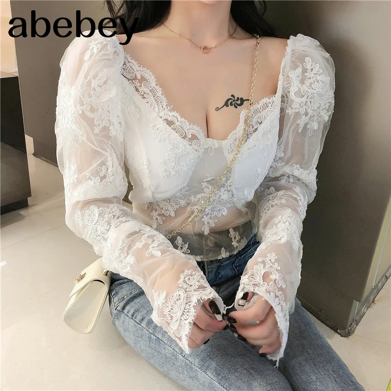Пикантные женские цветочные кружевные топы блузка женская рубашка с глубоким U