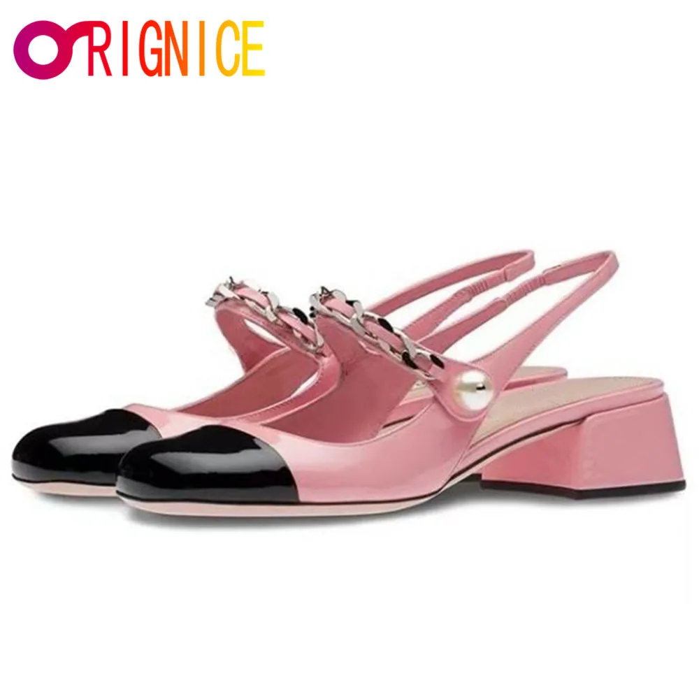 Orignice 2021 yeni Metal zincir inci Patent deri Vintage Jane orta yüksek topuklu büyük kafa karışık renk sığ toka bale ayakkabıları