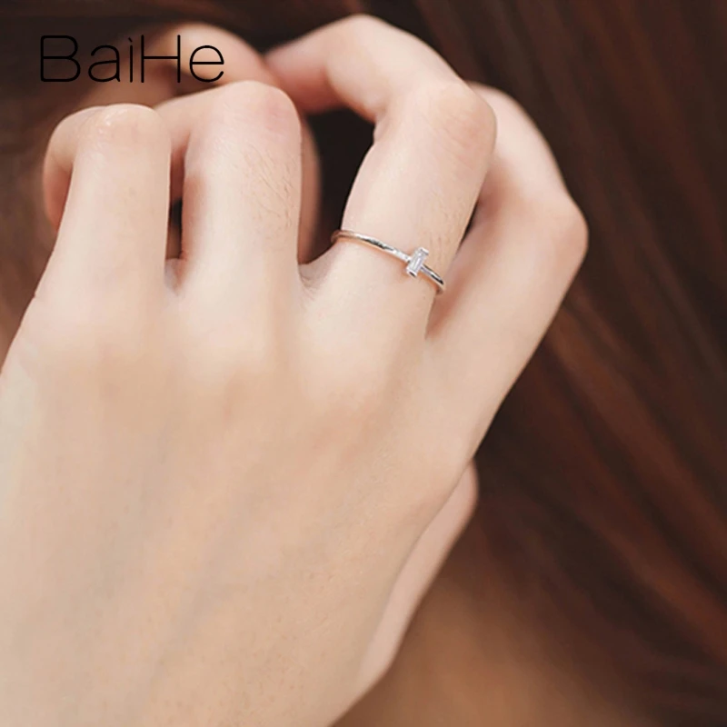 BAIHE Твердое 14 к желтое золото 0.05CT сертифицированное H/SI лестничное кольцо с натуральными бриллиантами для помолвки для женщин, модное Ювелирное кольцо