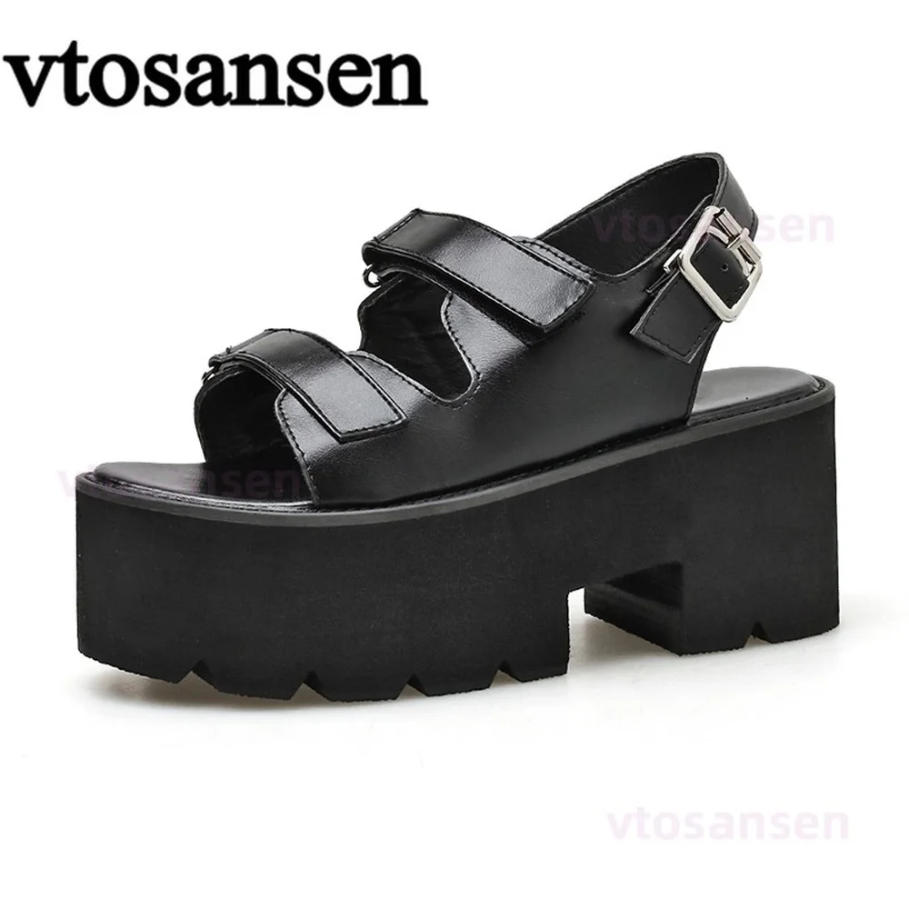 Online 2021 Sandal Gladiator Sepatu Wanita Hak Tebal Platform Sandal Wanita Hitam Gaya Gotik Gesper Tali Pergelangan Kaki Ukuran 35-39 Anak Perempuan