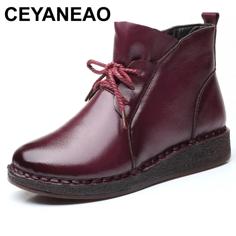 

Туфли CEYANEAOwinter для мам из хлопка, кожаные ботильоны на мягкой подошве, на плоской подошве, для среднего и пожилого возраста, с бархатной подкл...
