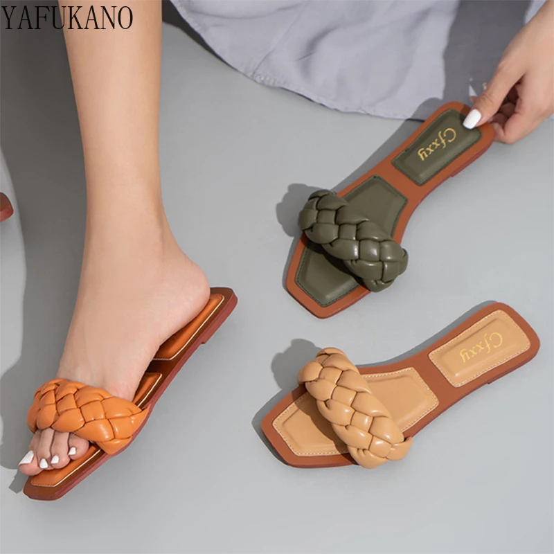 

Women Weave Slippers Flat Sandals Open Toes Square Soft Green Foot Pad Leisure Large Size 37-42 Flip Flops Office Women Slippers