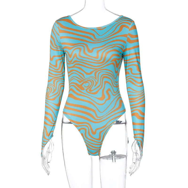 Cryptographic Print Fashion Sexy Backless Bodysuits Long Sleeve Stripe Women Top Female One Piece Club Party Bodysuit Streetwear