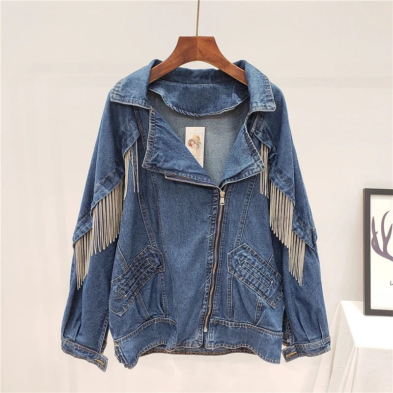

2021 Spring Autumn New Loose Big Size Denim Jacket Women Heavy Work Chain Tassel Jeans Jacket Jackets Female Leisure Jean Coat