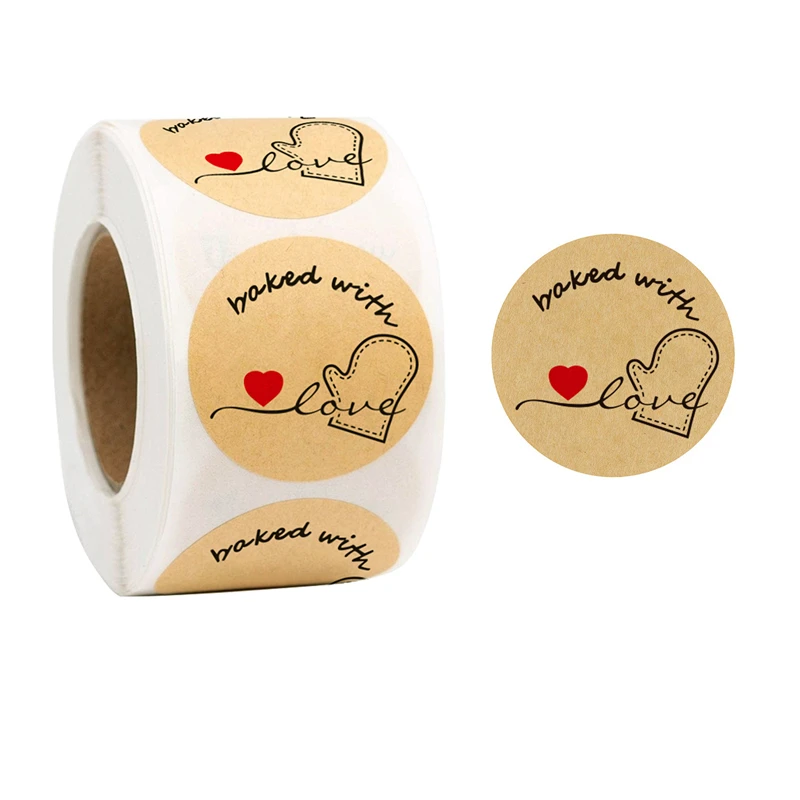 

1 Inch 500 Pcs /Roll, Heart-Shaped Kraft Paper Seal Label, Baking Gift Card, Party, Wrapping Sticker Bakery Small Business