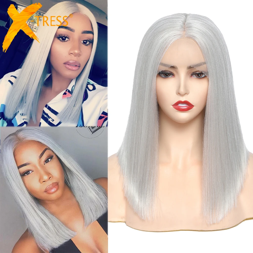 

Short Bob Straight Synthetic Lace Wigs For Women Silver Grey Color 14" X-TRESS Cosplay Lolita Hair Wig High Temperature Fiber