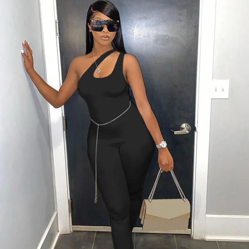 

New women's solid color slanted shoulder hanging neck asymmetrical sleeveless sexy sports jumpsuit for women