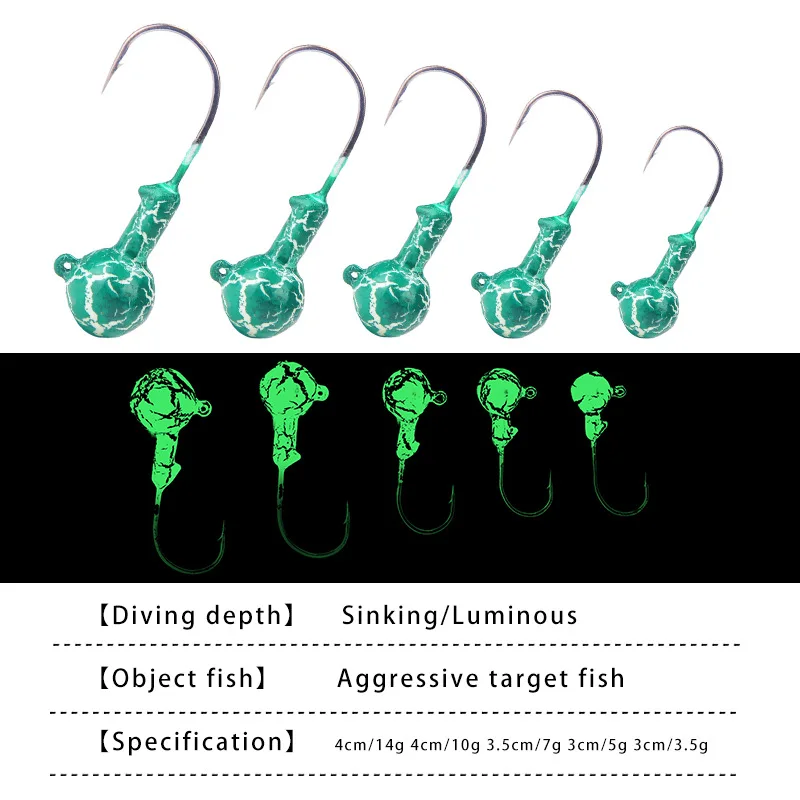 

5pcs/lot 3.5g/5g/7g/10g/14g Coating High Carbon Stainless Lead Head Hook Jig Bait Luminous Fishing Hooks For Soft Lure Fishing