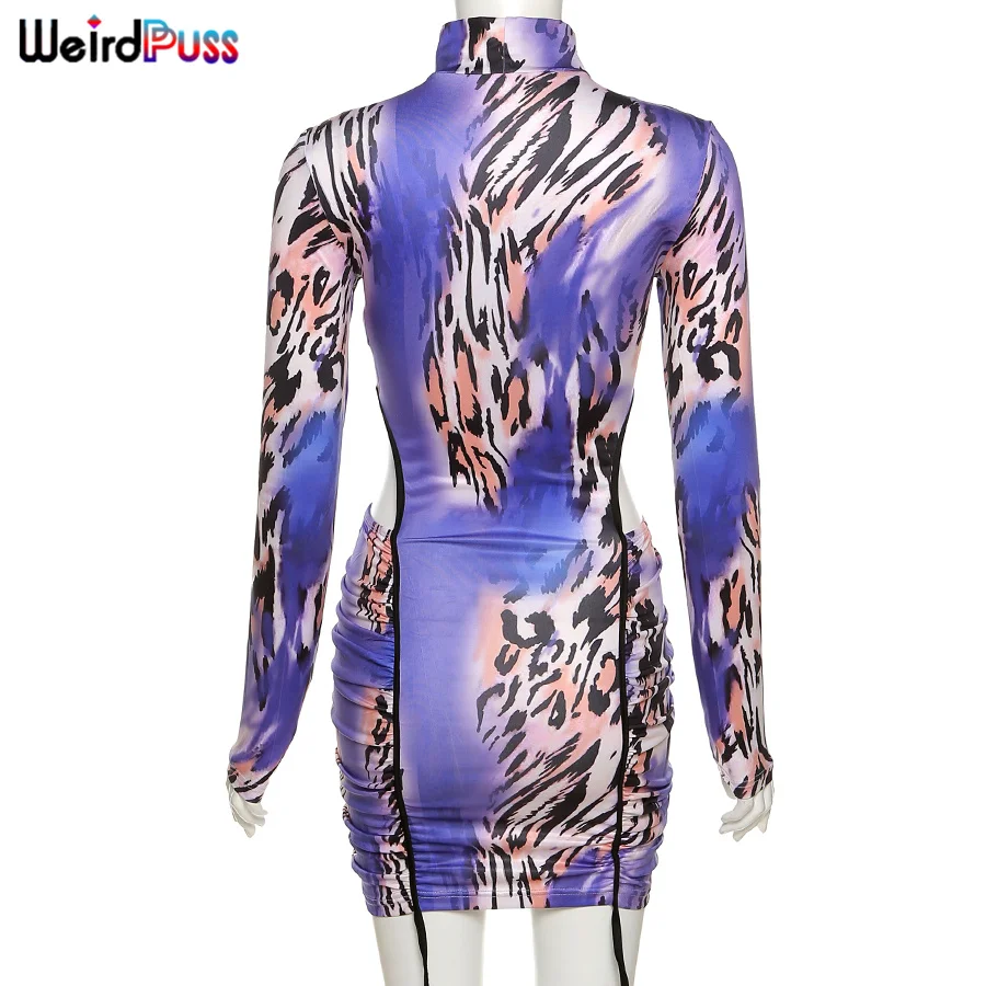 

Weird Puss Tie Dye Printing Hollow Out Dresses Women Autumn Trend Turtleneck Long Sleeve Sexy Bodycon Ruched Elegant Streetwear