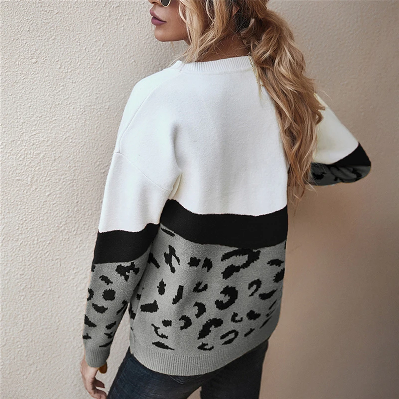 

Fashion Leopard Patchwork Autumn Winter 2021 Ladies Knitted Sweater Women O-neck Full Sleeve Jumper Pullovers Top Khaki Brown