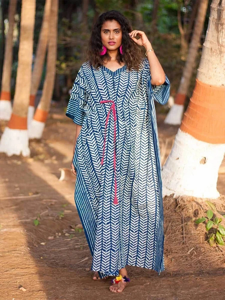 Женская туника в полоску голубое пляжное платье большой кафтан комплект для