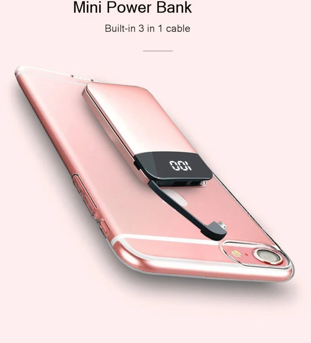 Vogek 6000 мАч Внешний аккумулятор для iPhone samsung, внешний аккумулятор, ультратонкий Встроенный кабель 3 в 1, мини внешний аккумулятор, светодиодный дисплей