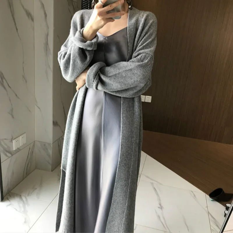 2021 Women Autumn Winter Long Cashmere Knitted Cardigan Sweater Sashes Open Stitch Oatmeal Color Split Hem Crochet Outerwear |