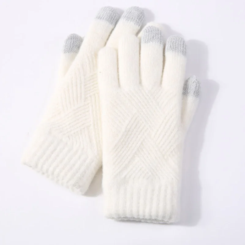 

Новые женские зимние теплые вязаные перчатки с закрытыми пальцами, мужские однотонные Шерстяные варежки для сенсорного экрана, женские пло...