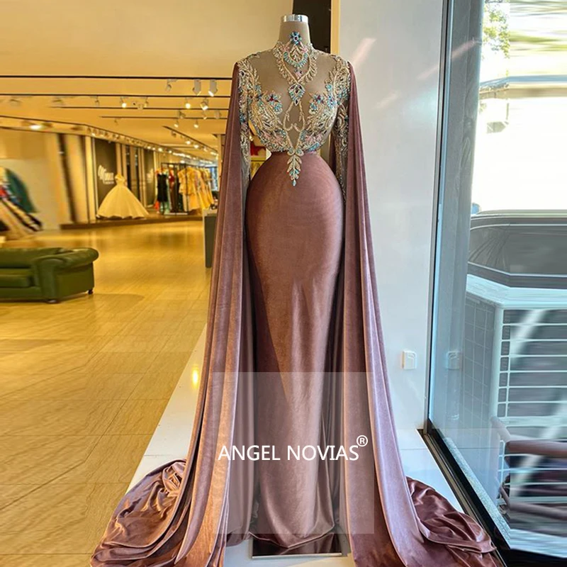 

ANGEL NOVIAS Long Sleeve High Neck Arabic Evening Dresses 2020 Beaded Women Violet Dubai Formal Party Gowns