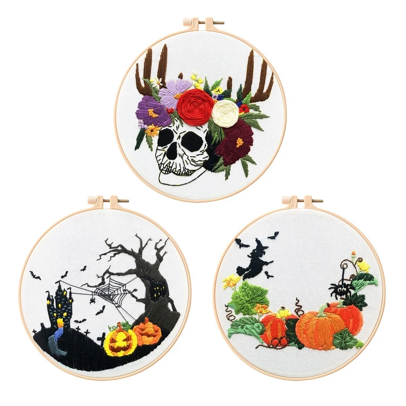

3 Pcs Embroidery Starter Kits with Halloween Patterns - 1 Plastic Embroidery Hoop, Color Threads and Tools - Embroidery Kits