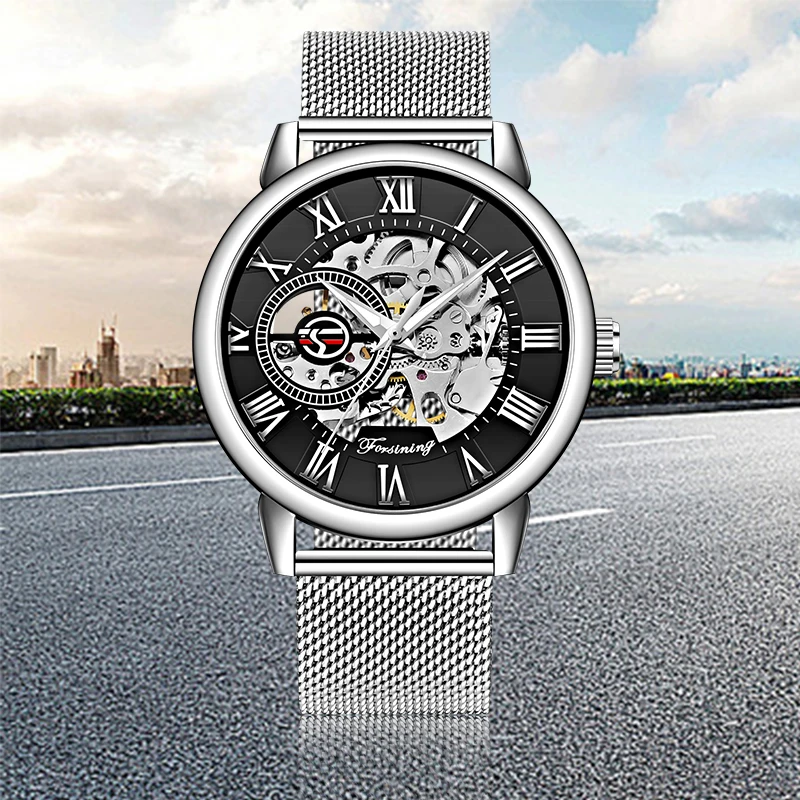 Мода FORSINING серебристый Тонкий чехол унисекс дизайн мужские механические часы с