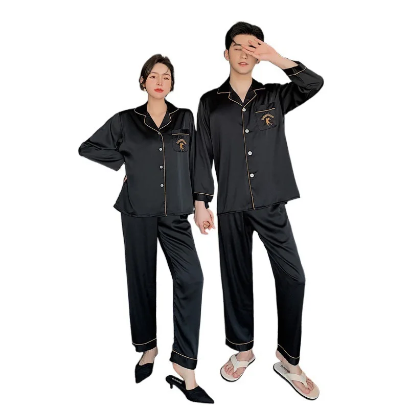 2021 New Couple Pajamas Men's Women's Pajamas Ice Snow Silk Long Sleeve Sleepwear Set Korean Thin Home Clothes Female Nightwear