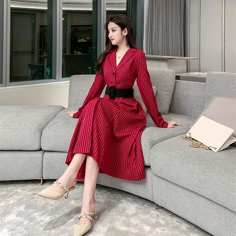 REALEFT винтажные Женские полосатые рубашки платья с высокой талией длинным рукавом