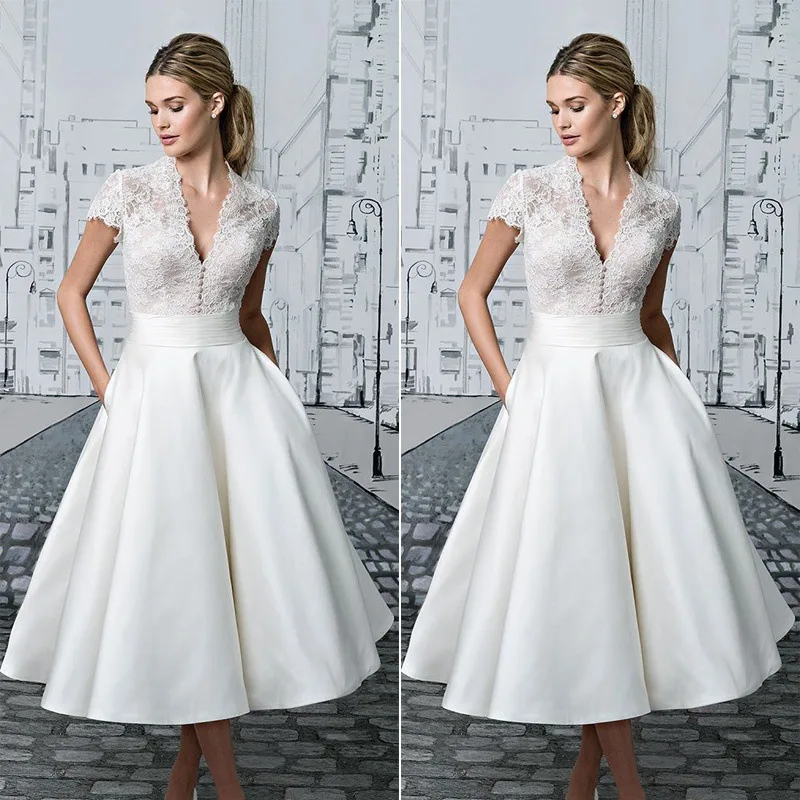 White simple evening dresses Lace V-neck Medium and long section Formal party dress Elegant retro Robe de soiree 2019 New robe | Свадьбы и