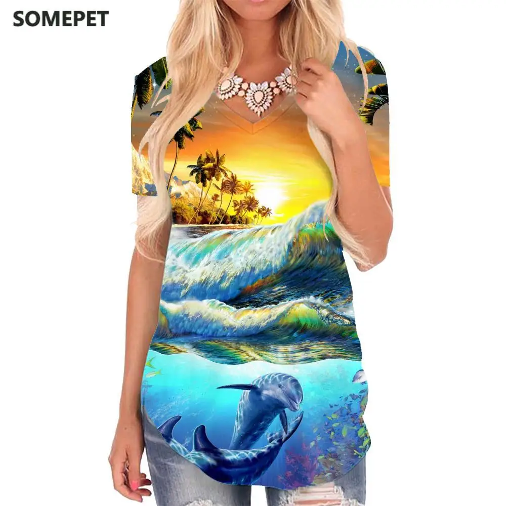 

SOMEPET Landscape T-shirt women Waves Funny T shirts Fish V-neck Tshirt Galaxy Tshirts Printed Coconut Tree Shirt Print