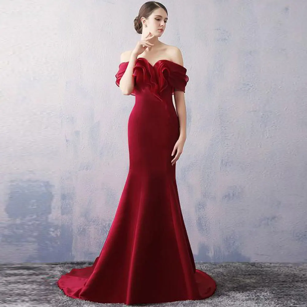

Sweetheart Off-the-shoulder Burgundy Mermaid / Trumpet Sweep/Brush Sleeveless Layered Piping Flouncing Evening Dresses
