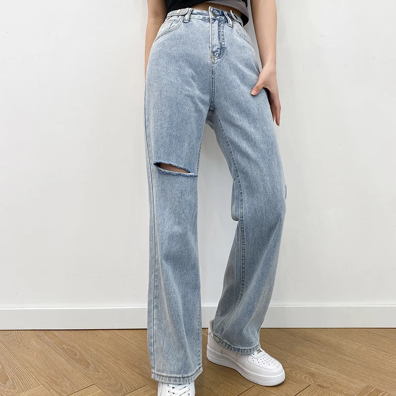 

2021 Women Spring Fashion Hole Denim Wide Leg Pants Vintage Pantalon Pour Femme Loose Zipper Fly Office Lady Jeans Mujer