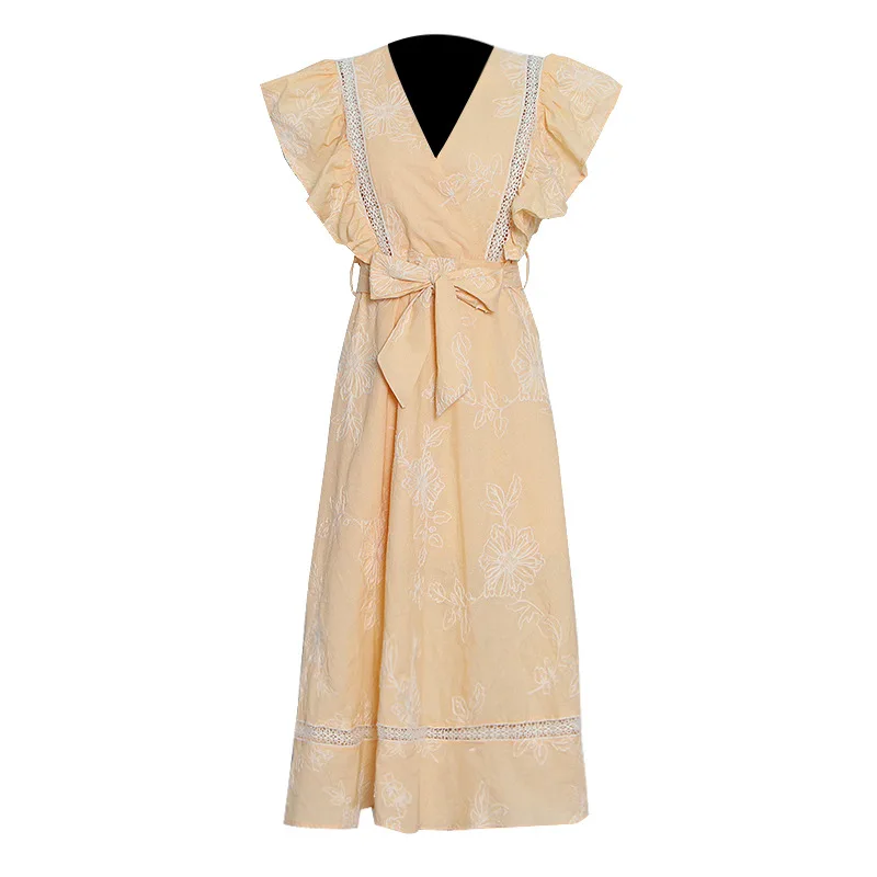 

Fresh wind lady dress summer 2021 new Chiffon V-neck bow tie waist A-line swing skirt