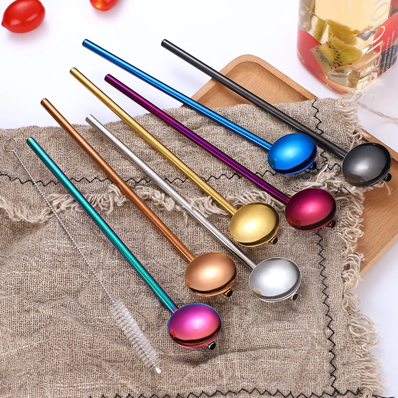 10 шт. 304 нержавеющая сталь длинная металлическая Питьевая солома с ложкой помешивающие Подарочные Кисти чайная ложка многоразовые чайные Инструменты Аксессуары для бара