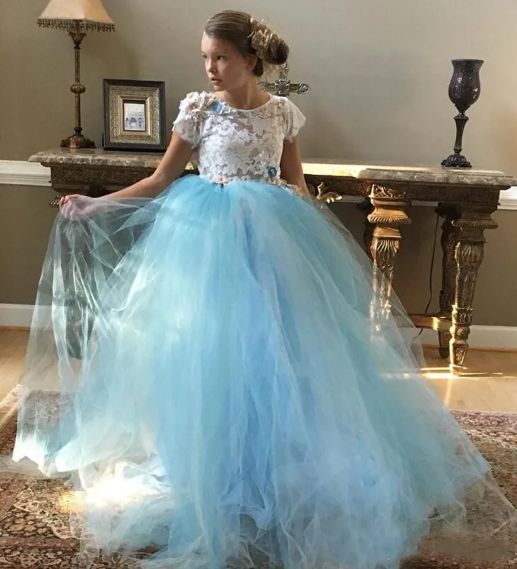 

Beautiful Light Blue Ball Gown Flower Girl Dresses Cap Sleeves 3D Flowers Lace Baby Child Birthday Dress Pageant Gown