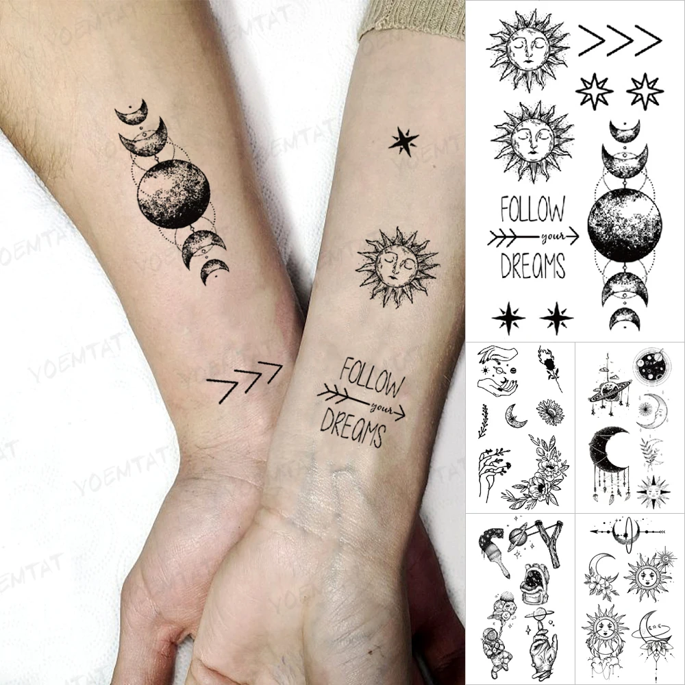 

Waterproof Temporary Tattoo Sticker Planet Moon Sun Planet Arrow Lettering Black Tatoo Arm Wrist Hand Women Glitter Tattoos Kids