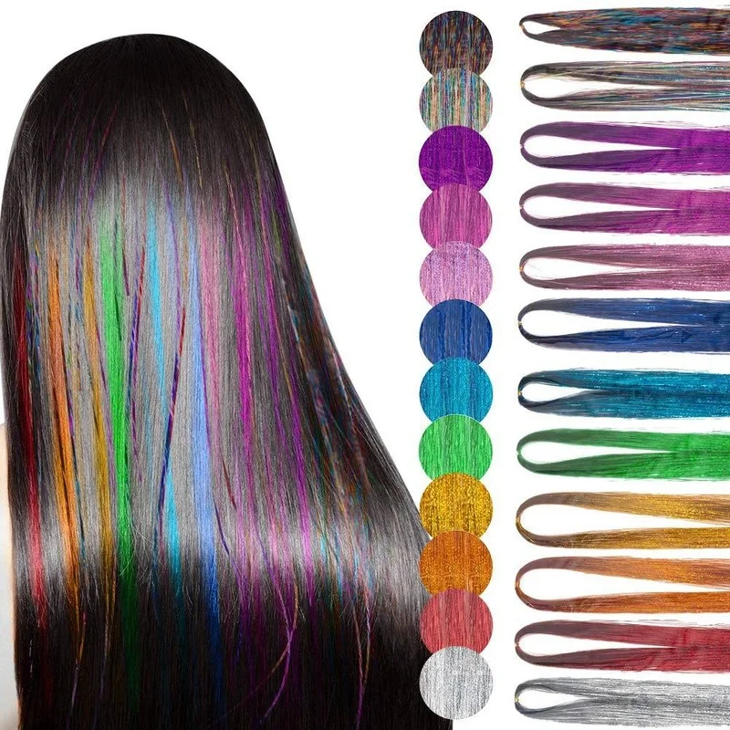 

Sparkle Shiny Hair Tinsel Rainbow Silk Hair Extensions Dazzles Women Hippie for Braiding Headdress Long 100cm 150 Strands/bag