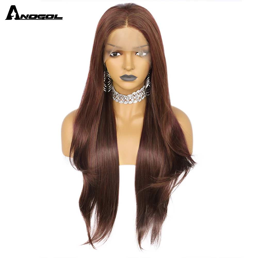 Anogol Brown Natural Wave Straight Wigs For Women Heat Resistant High Temperature Fiber Synthetic Lace front Wig